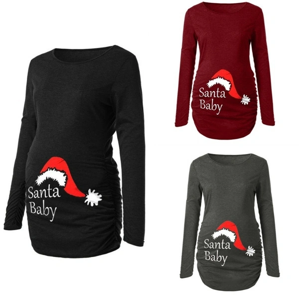 Pregnancy Clothes Christmas Long Sleeve Print Christmas Side Ruched Maternity Top Nursing Tops