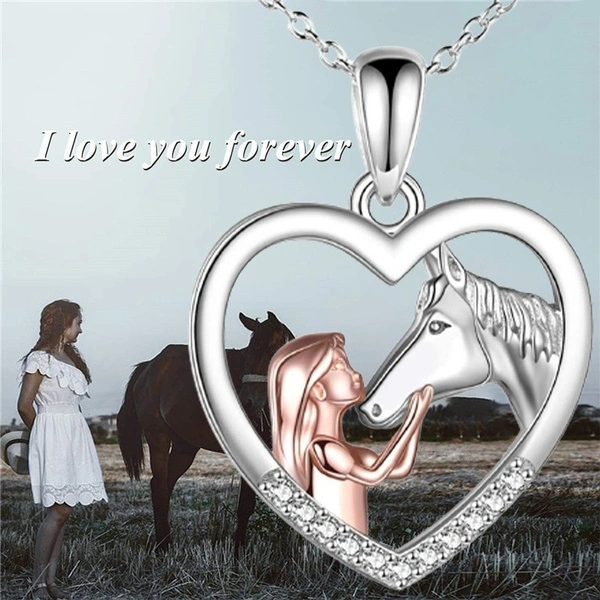 2023 New Exquisite Fashion 925 Sterling Silver Girl and Horse Necklace for Women Girls Heart Diamond Pendant Necklace Horse Jewelry for Girl Daughter Birthday Party Anniversary Gift