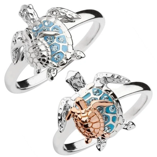 925 Silver 18k Gold Plated Fashion Exquisite Ocean Style Turtle Aquamarine Crystals Rings for Women Temperament Birthday Anniversary Gift Engagement Party Banquet Ring Size 6-10