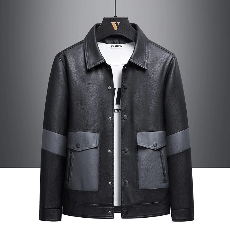 Lapel Color Matching Large Pocket Men's PU Leather Coat