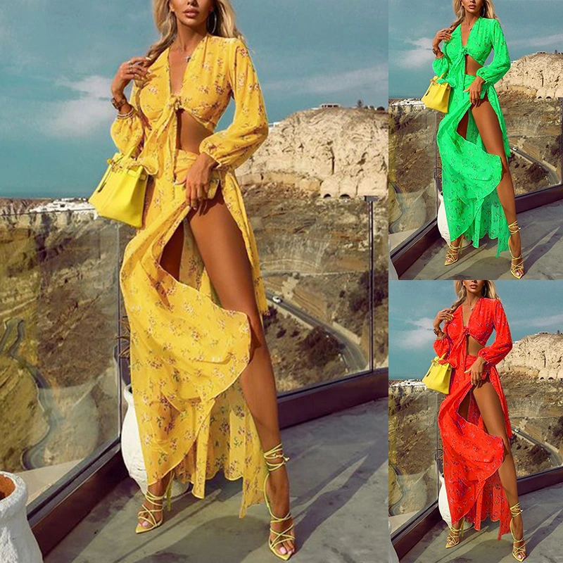 Women's Self-tie Slit Skirt Printing Suit