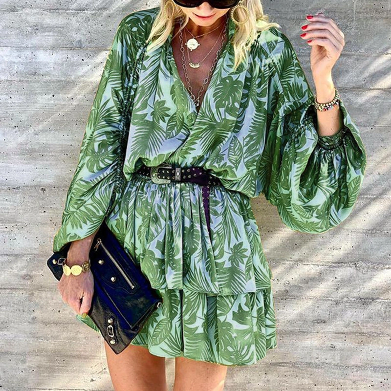 Women's Loose-fit Long-sleeved V-neck Printed Dress