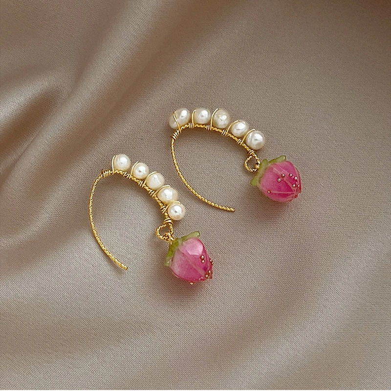 Silver Needle Flower Pearl Earrings For Women