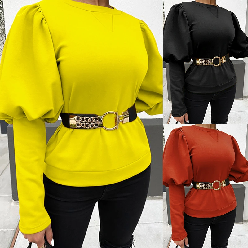 Women's Clothing Round Neck Puff Sleeve Solid Color Top T-shirt