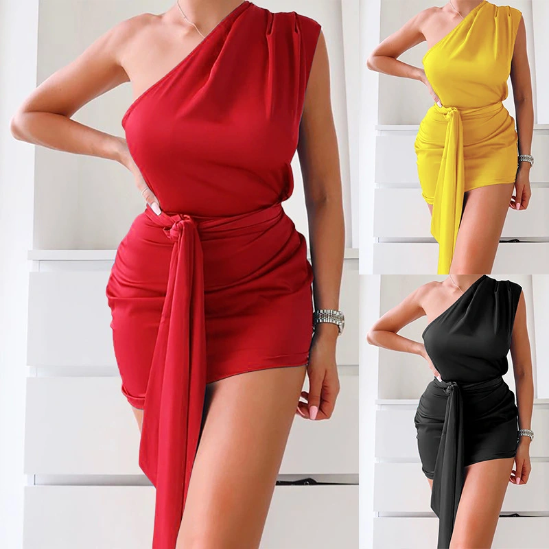 Women's Fashion Solid Color One-shoulder Dress