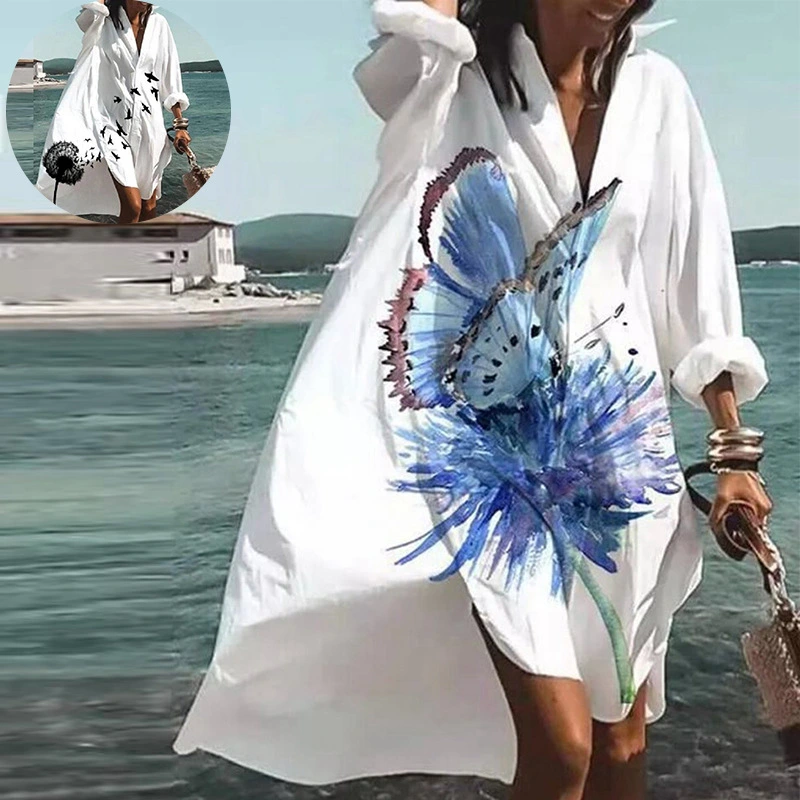 Loose Lapel Long Sleeves Printed Dress