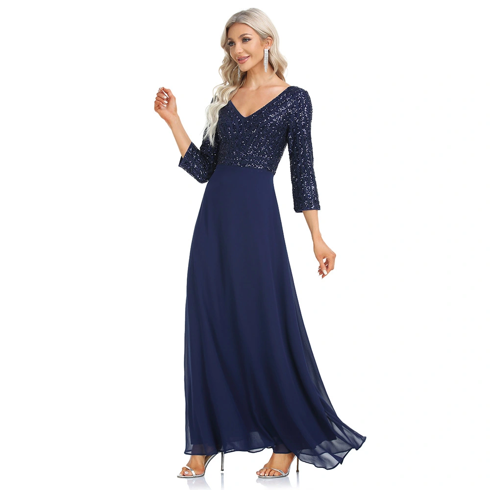 Women's Chiffon V-neck 34 Sleeves Sequined Evening Dress