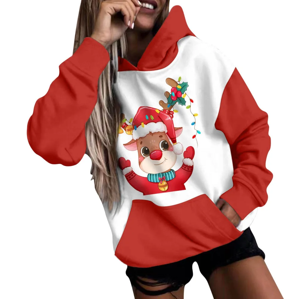 Women's Christmas Hoodies Deer Contrast Color Hooded Sweatshirts