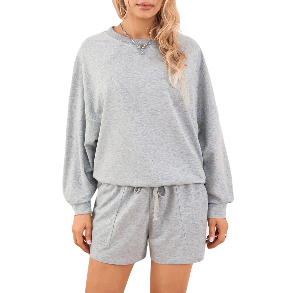 Women's Summer Loungewear Set, Long Sleeve Tops + Drawstring Shorts