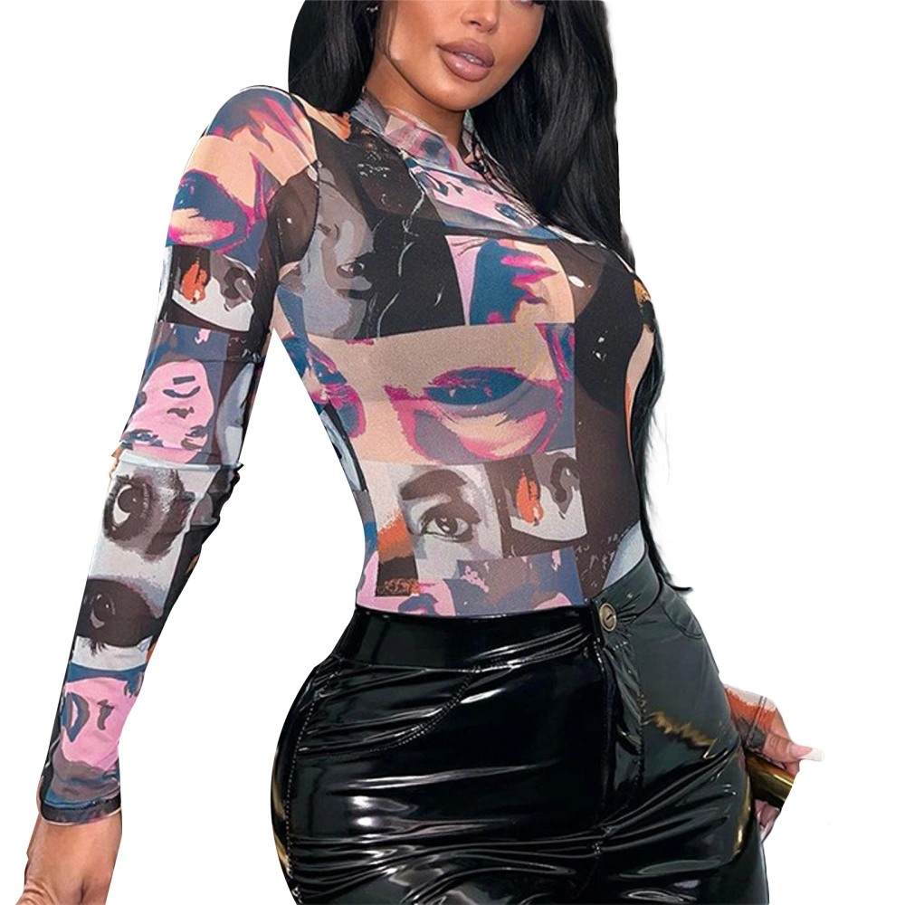 Women Autumn Long Sleeve Crewneck Portrait Print Skinny Bodysuit Tops