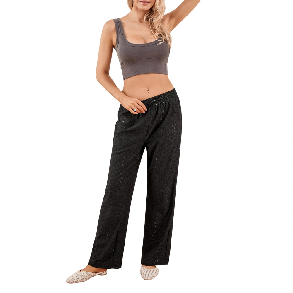 Women Straight Leg Pants, Elastic Waist Hollowed Solid Casual Pants