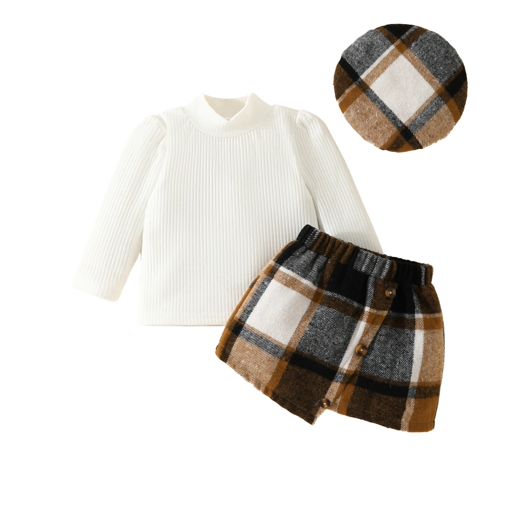 Baby Girls Skirt Outfits Toddler Ribbed Tops and Plaid Mini Skirt Hat