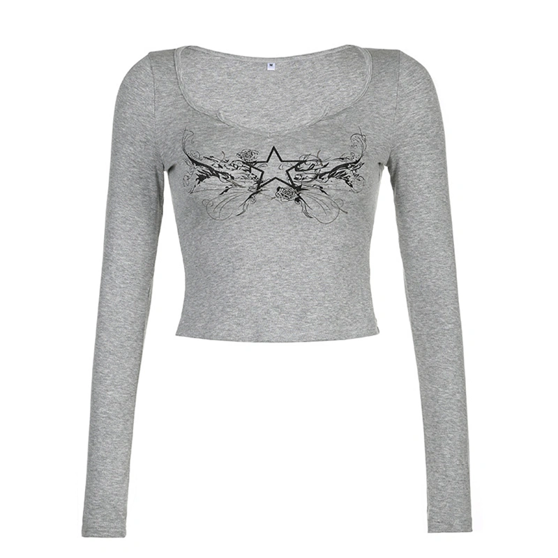 Women's Cropped Tops Star Print Long Sleeve Grunge Shirts Streetwear