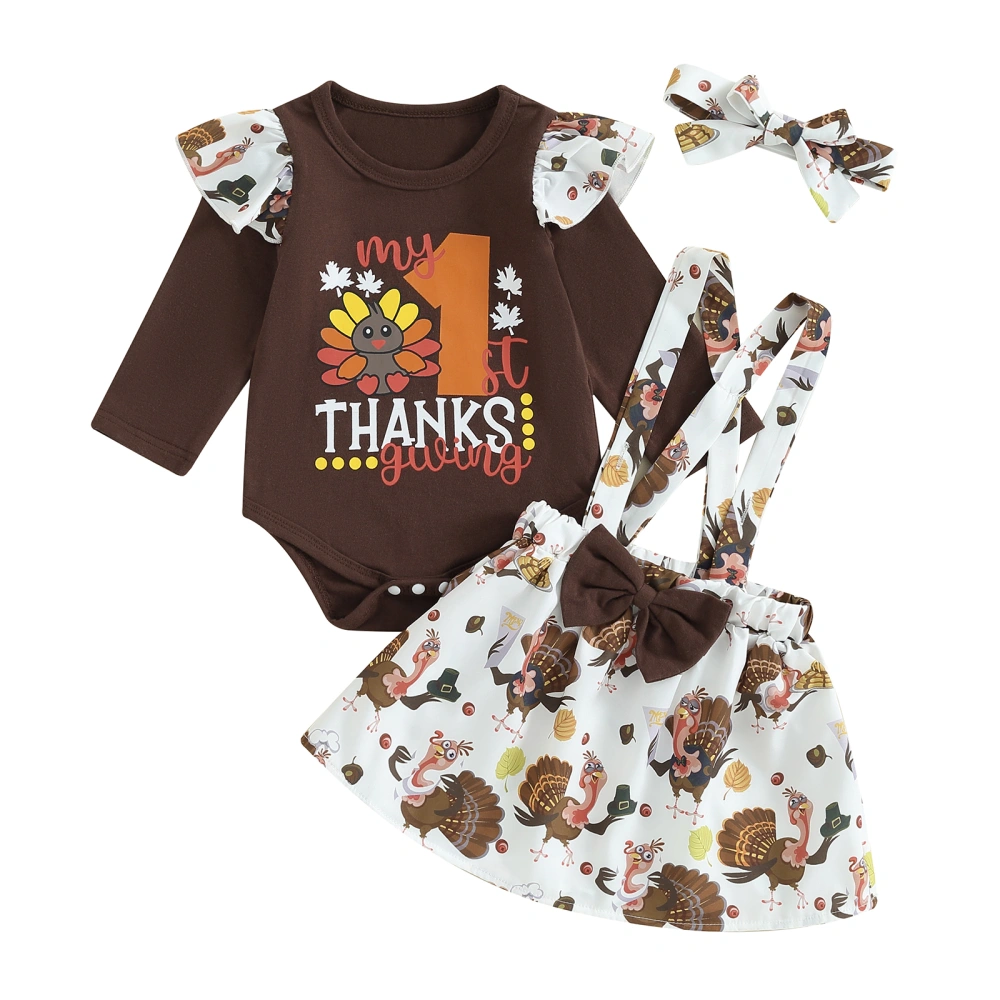 Baby Long Sleeve Romper Turkey Print Suspender Skirt Headband Set