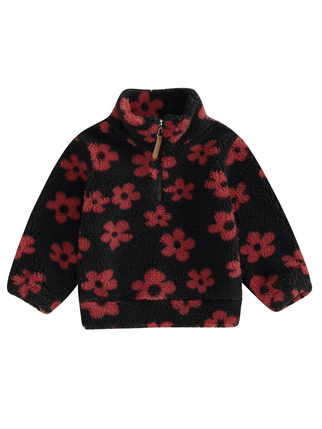 Toddler Girls Fleece Jacket Flower Print Zipper Stand Collar Coat