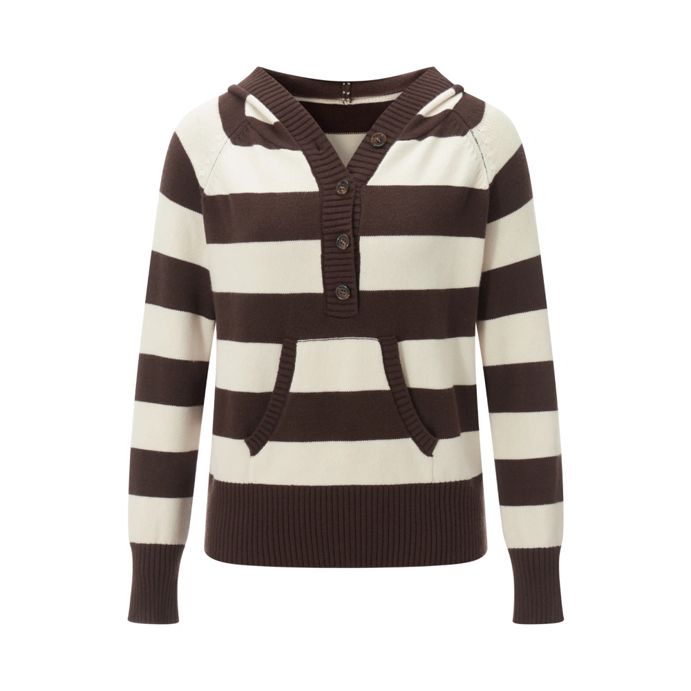 Women Hooded Sweater, Knit Long Sleeve Striped Fall Tops with Pockets