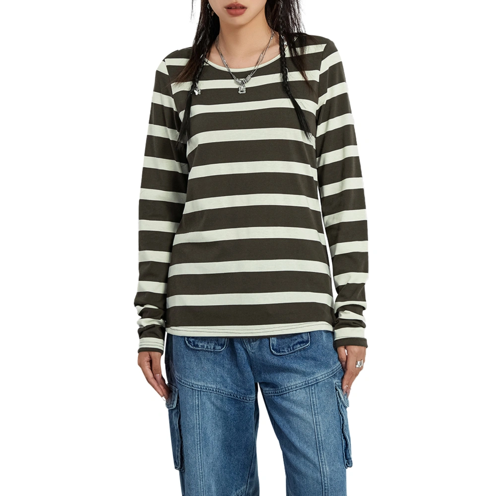 Women Long Sleeve Shirt Stripe Print Basic Tops Casual Pullover