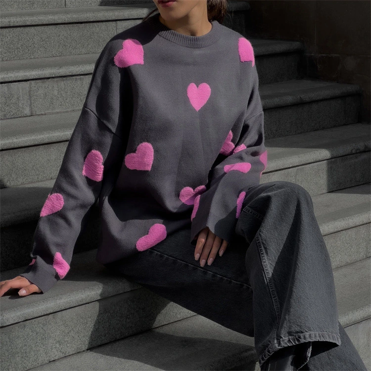 Women's Cute Heart Shape Round Neck Autumn And Winter Sweater