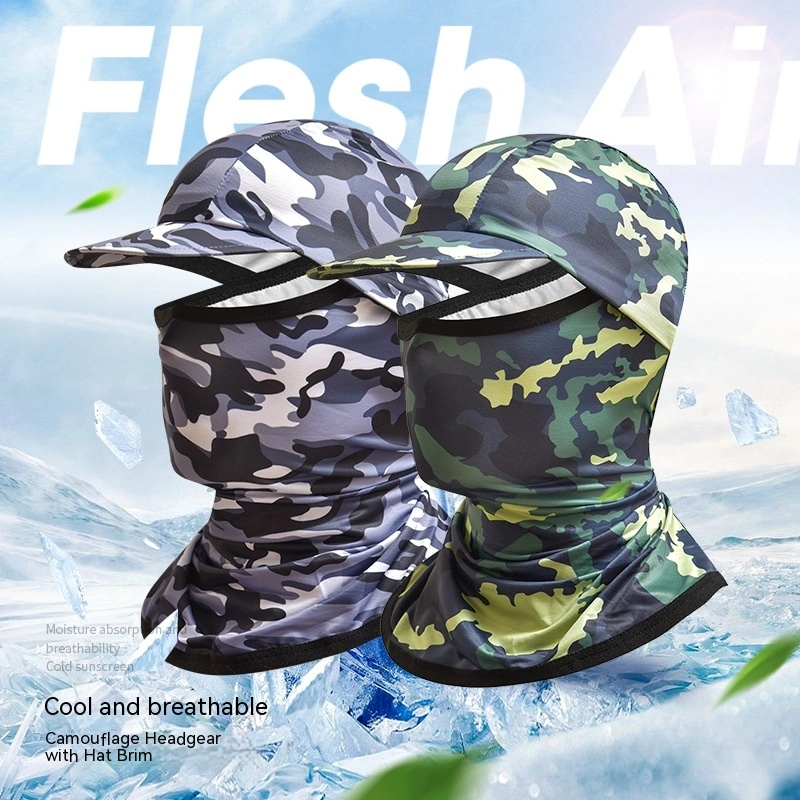 Camouflage Headgear Outdoor Cycling Mask Hiking Climbing Brim Hat Sun Protection Sunshade Ice Silk Mask Wholesale