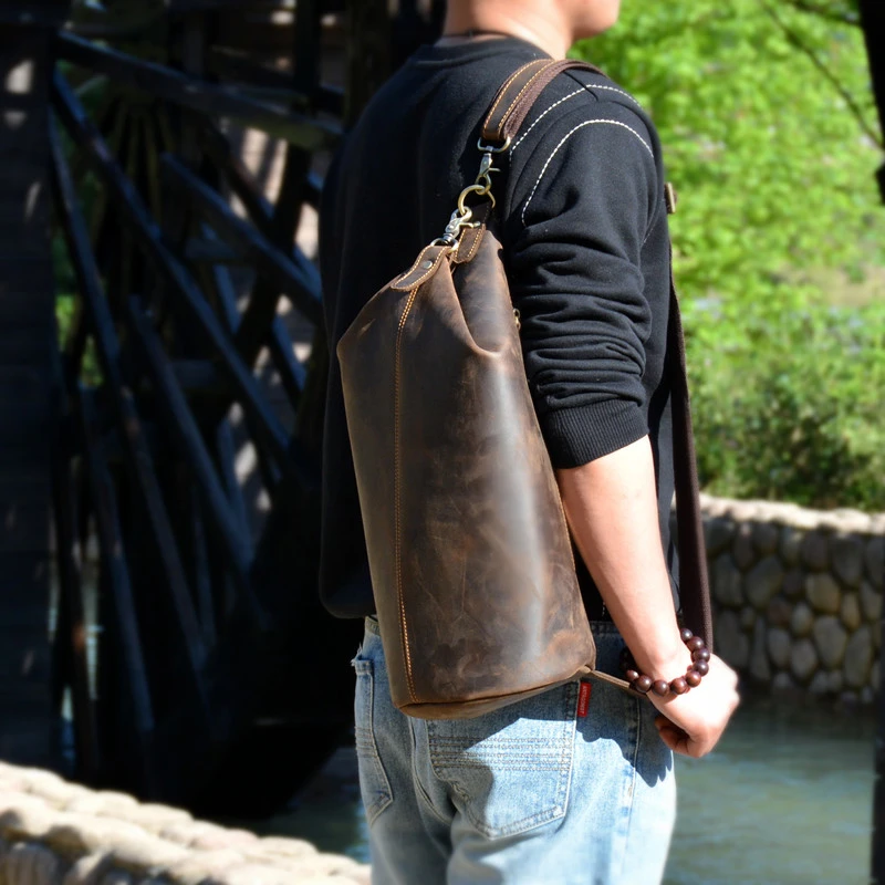 Simple Chest Bag Men's Crazy Horse Leather Retro Distressed