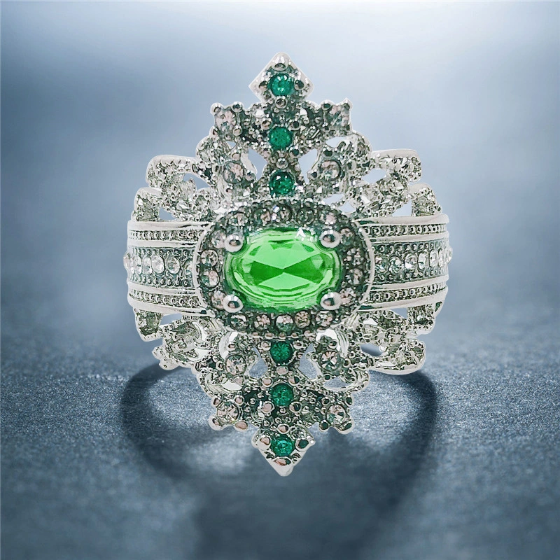 Luxury Women's 925 Silver Inlay Emerald Crystal Gemstone Ring Fashion Aristocratic Court Style Jewelry