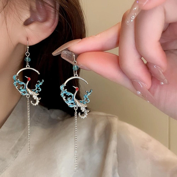 Fashion Design Stereoscopic Phoenix Crane C-shaped Long Chain Tassel Earring Creative Cloud Drop Oil Aquamarine Hoop Earrings for Women Dangle Earring Romantic Valentine's Day Christmas Jewelry Gift