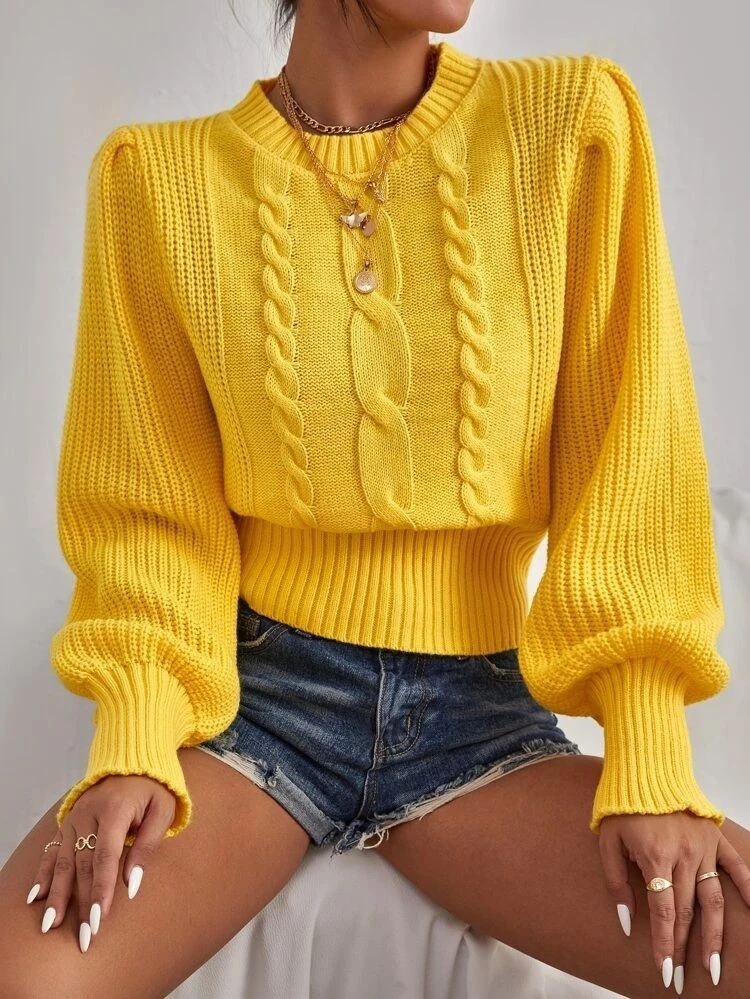 Solid Color Knitted Sweater Women's Round Neck Pullover Lantern Sleeve Top