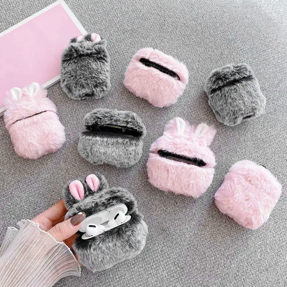 Soft Rabbit Ear Fur Case for Apple AirPods 1 2 Pro Wireless Charging Fluffy Box with Carabiner Plush Cover for Airpod Case Capa