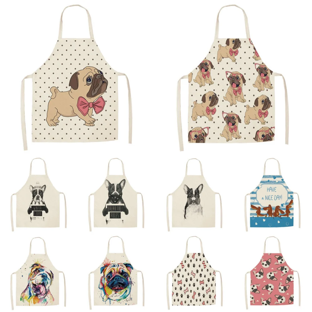 Cartoon Cute Dog Printed Cotton And Linen Apron Kitchen Home Cleaning Parent-child Sleeveless Coverall Generation Hair