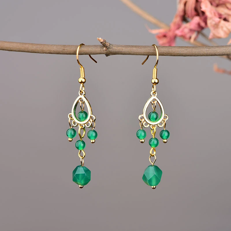 Green Agate Earrings Female Retro