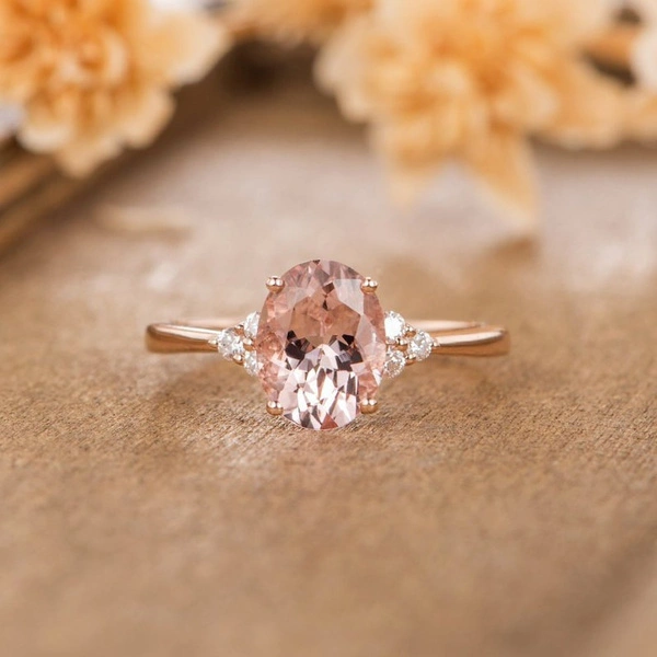 Morganite Engagement Ring Rose Gold Color Bridal Ring Cluster Solitaire Oval Cut Half Eternity Simple Women Anniversary Antique Wedding