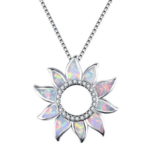 Beautiful bridal accessories 925 Sterling Silver Fashion Rainbow Hollow Sunflower Charm Blue/White Pendant Fire Opal Necklace Wedding Jewelry