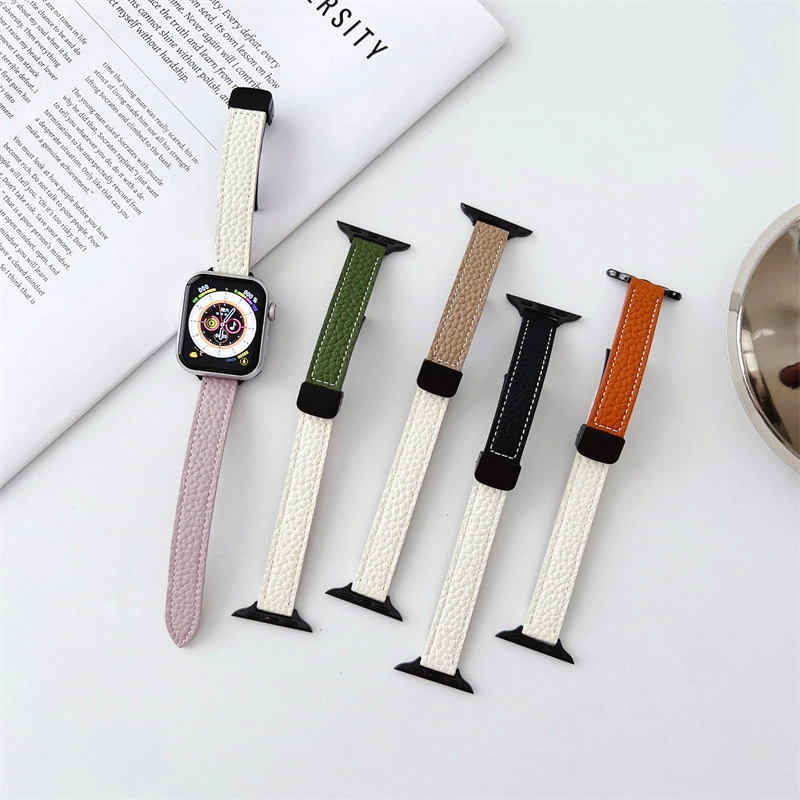 Contrast Color Litchi Pattern Leather Magnetic Watch Strap