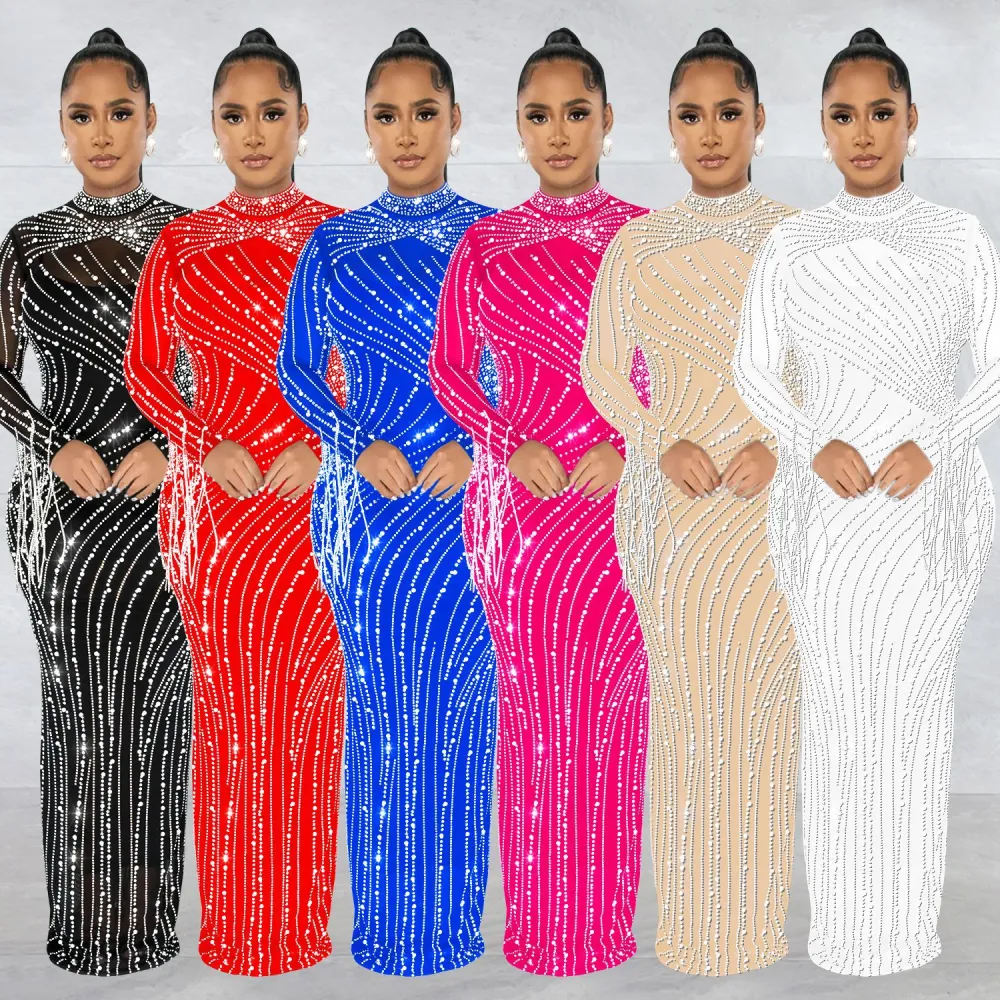 Women's Mesh See-through Rhinestone Long Sleeve Dress Lining Two-piece Set