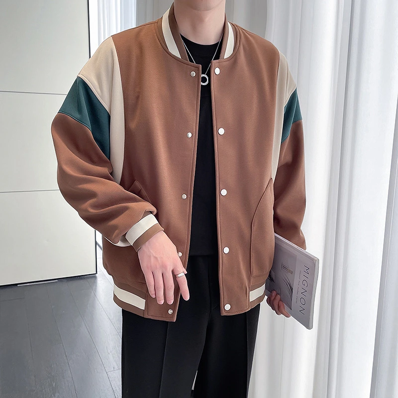 Men's Youth Stand Collar Stitching Casual Cotton Baseball Uniform Jacket Coat