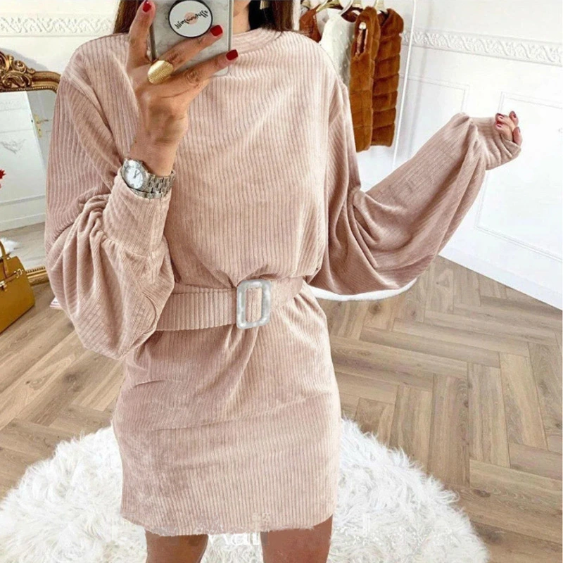 Dress Belt Lantern Sleeve Round Neck