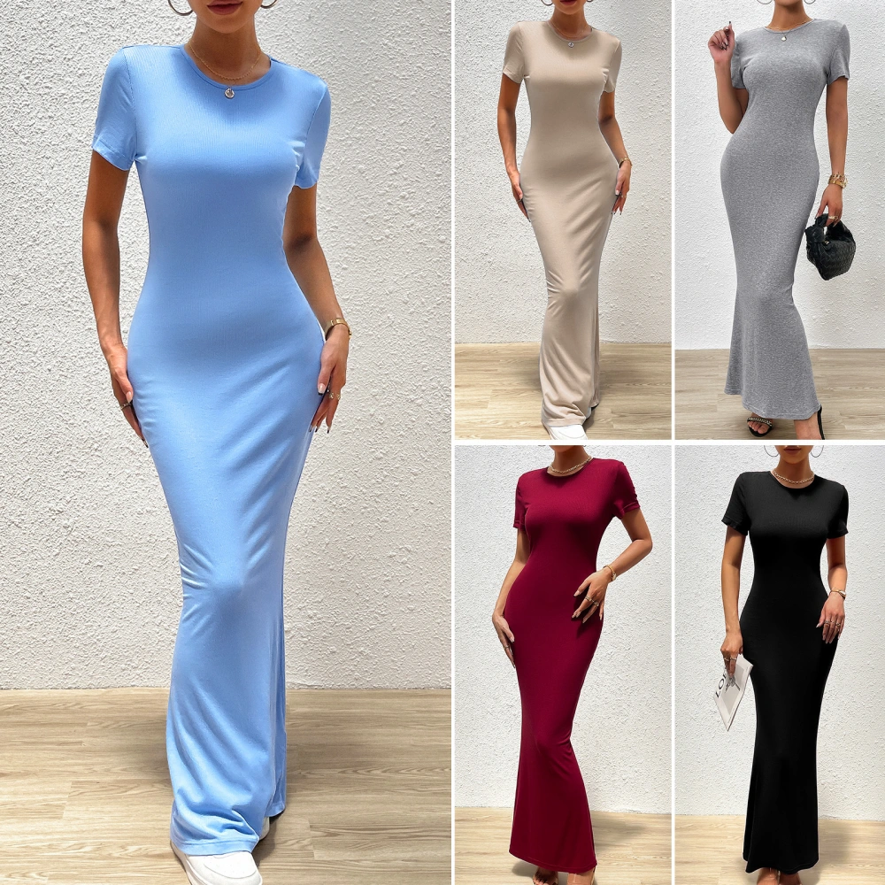 Elegant Solid Color Round Neck Short Sleeves Slim Dress