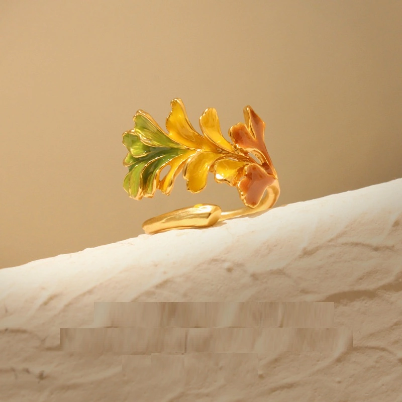 Adjustable Spring Color Enamel Drip Glazed Leaves Three-color Ring