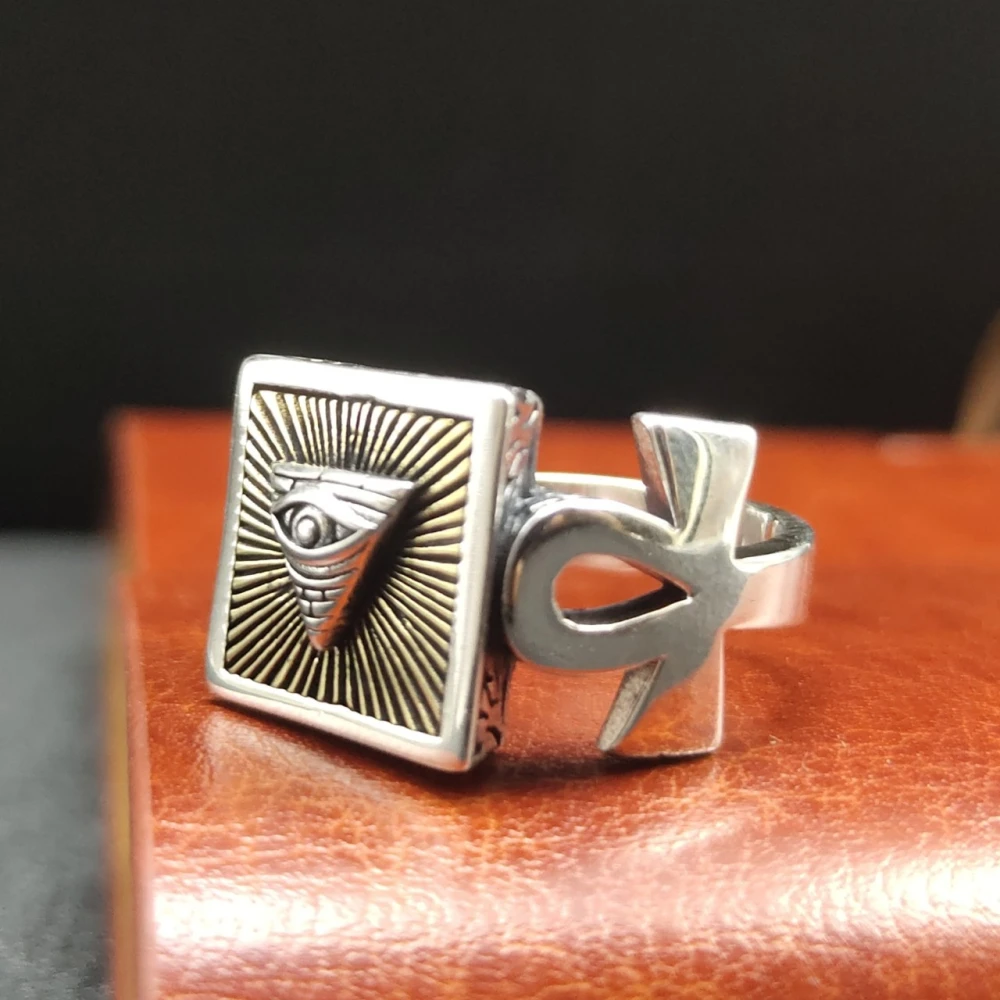 925 Silver Retro Pattern Eye Square Index Finger Simple Elegant Ring