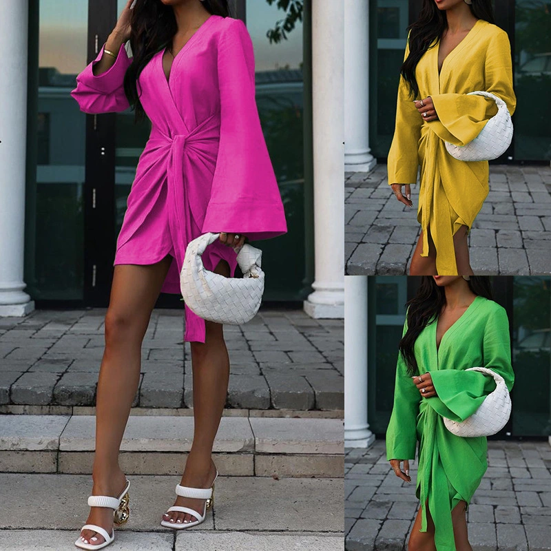 Women's Fashion Loose-fitting Long Sleeves V-neck Dress