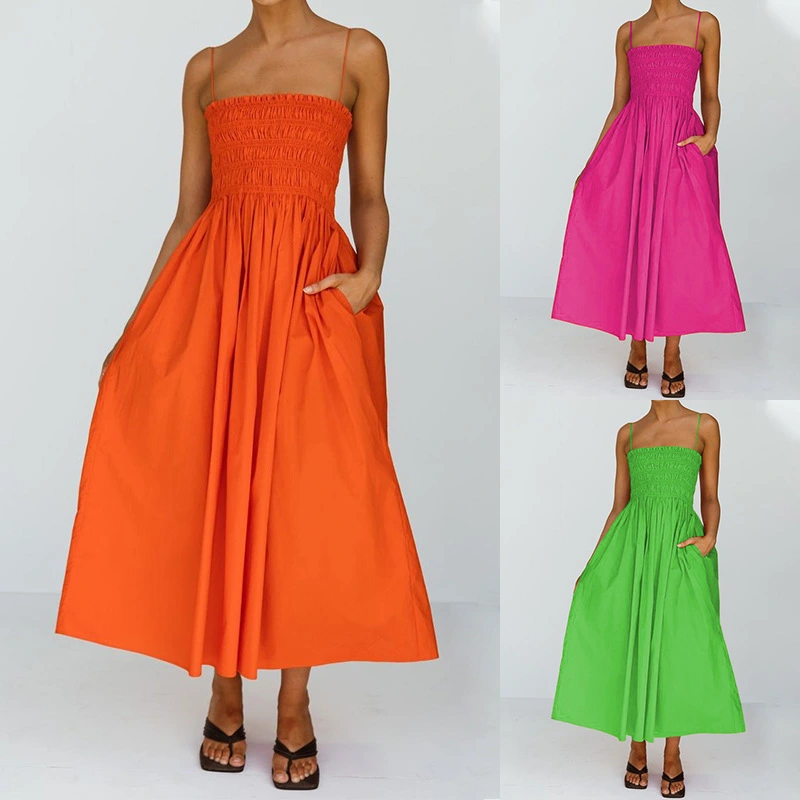 Cross-border Solid Color Off-shoulder High Waist Strap Tube Top Mid-length Dress