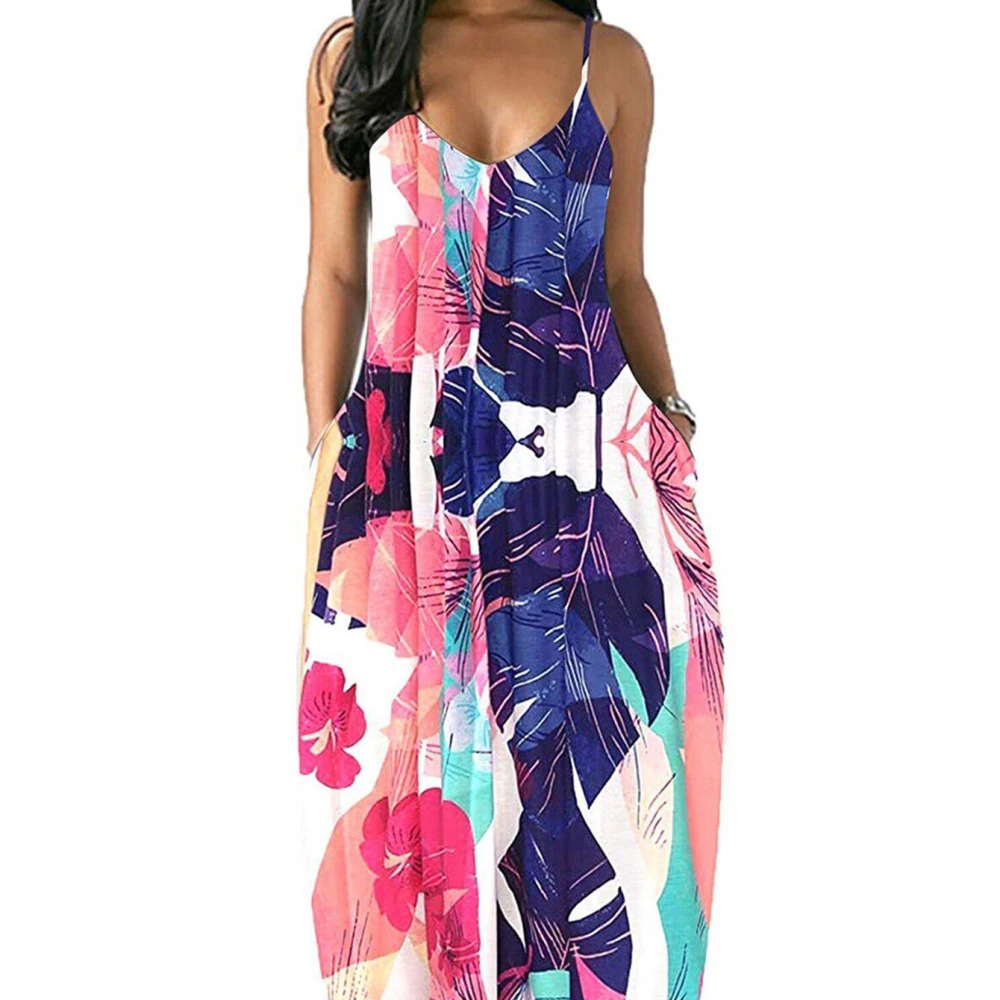 Women's V-neck Printed Suspender Dress