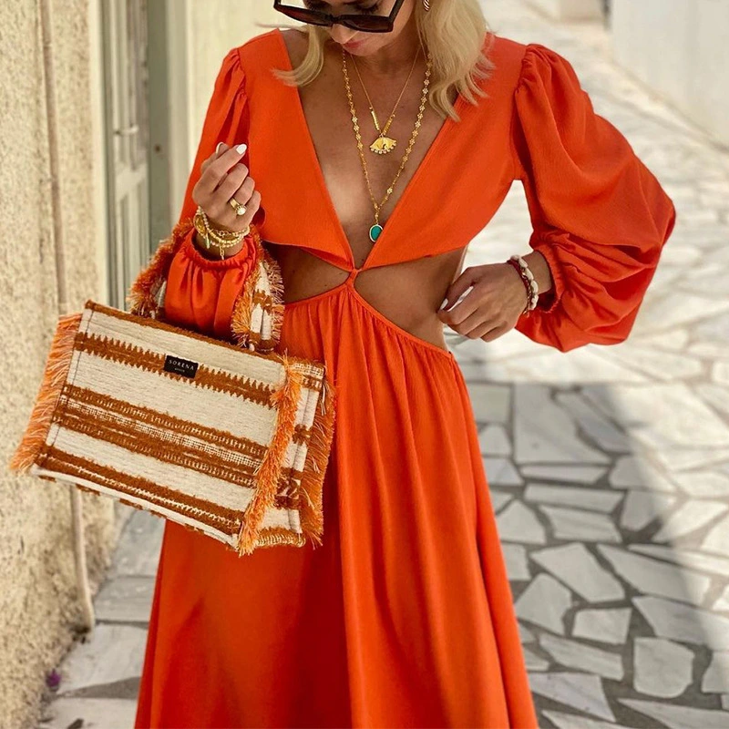 Women's Clothing Solid Color And V-neck Irregular Dress