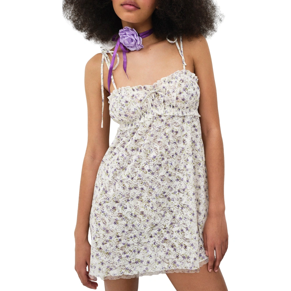 Women Slip Dress, Spaghetti Straps Backless Tie-up Floral Mini Dress