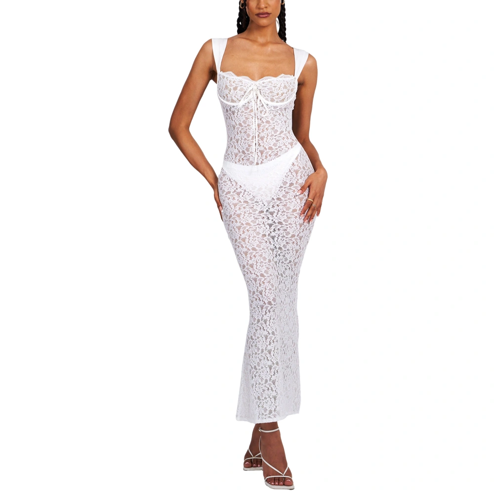 Women Long Bodycon Dress Lace See-Through Sleeveless Cami Dress