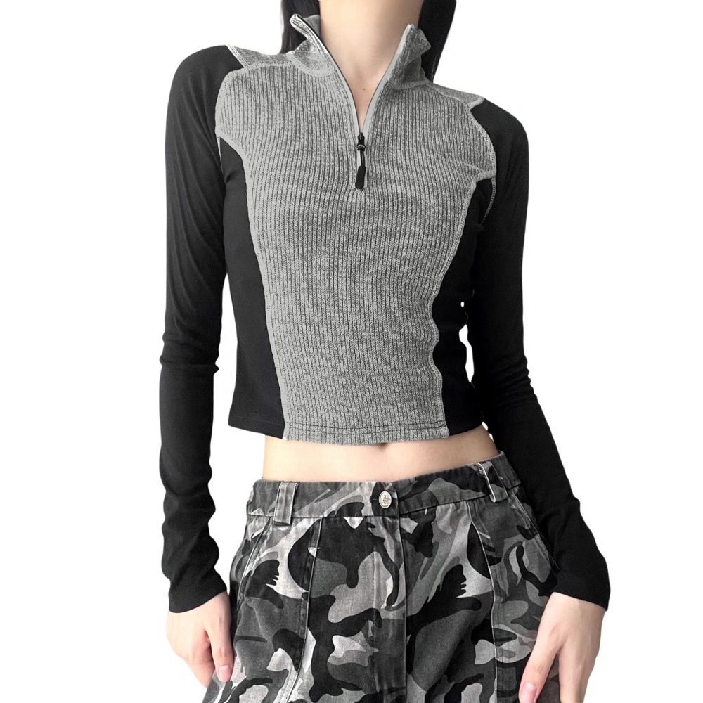 Women Knit Crop Tops Trendy Slim Fit Contrast Color High Neck Sweater