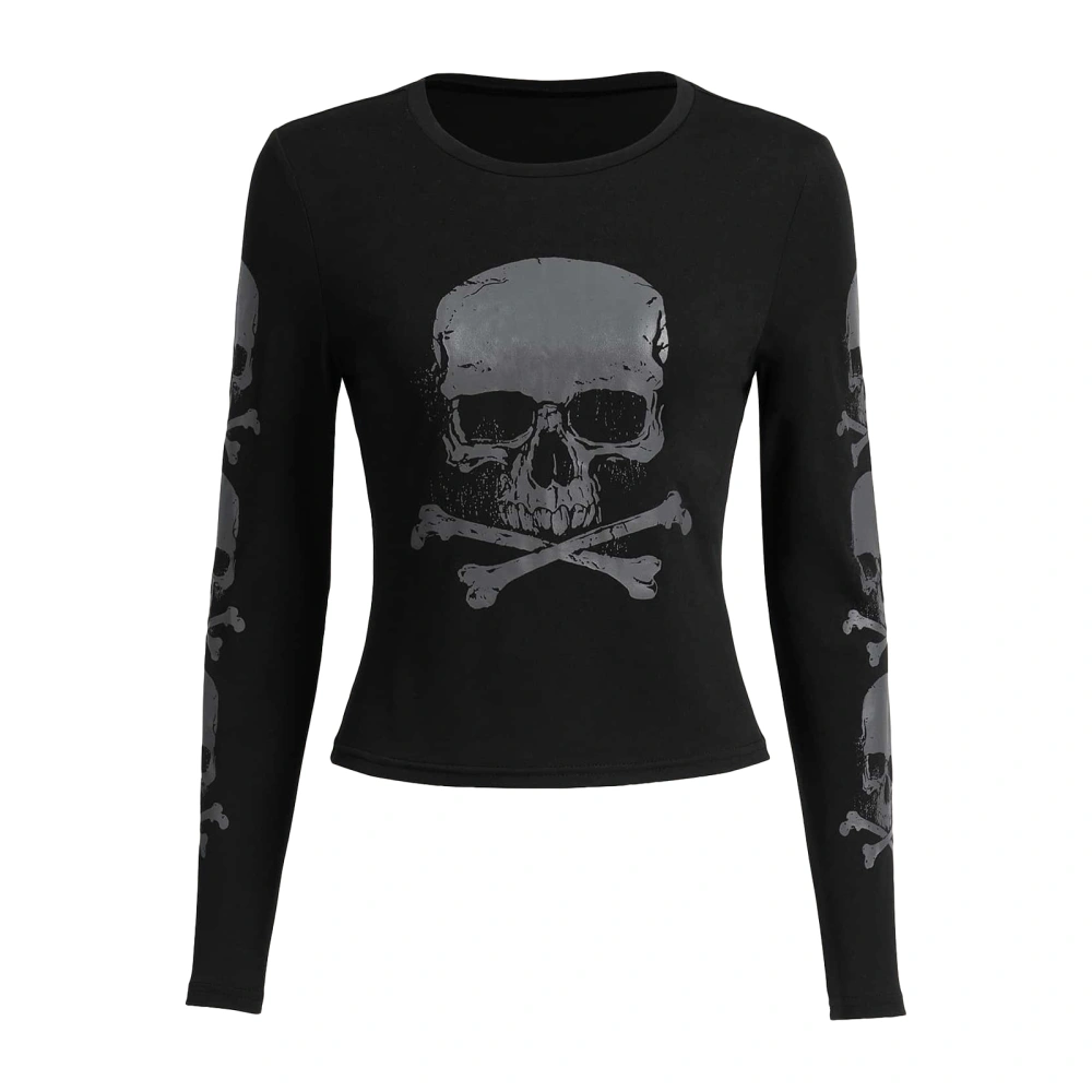 Women's Spring Black Long Sleeve Round Neck Skull Print T-shirt