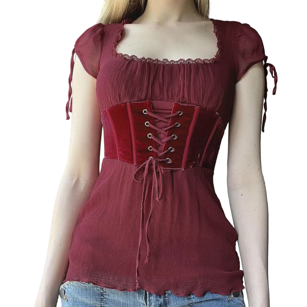 Women Basic T-Shirts Solid Color Summer Short Sleeve Corset Tops