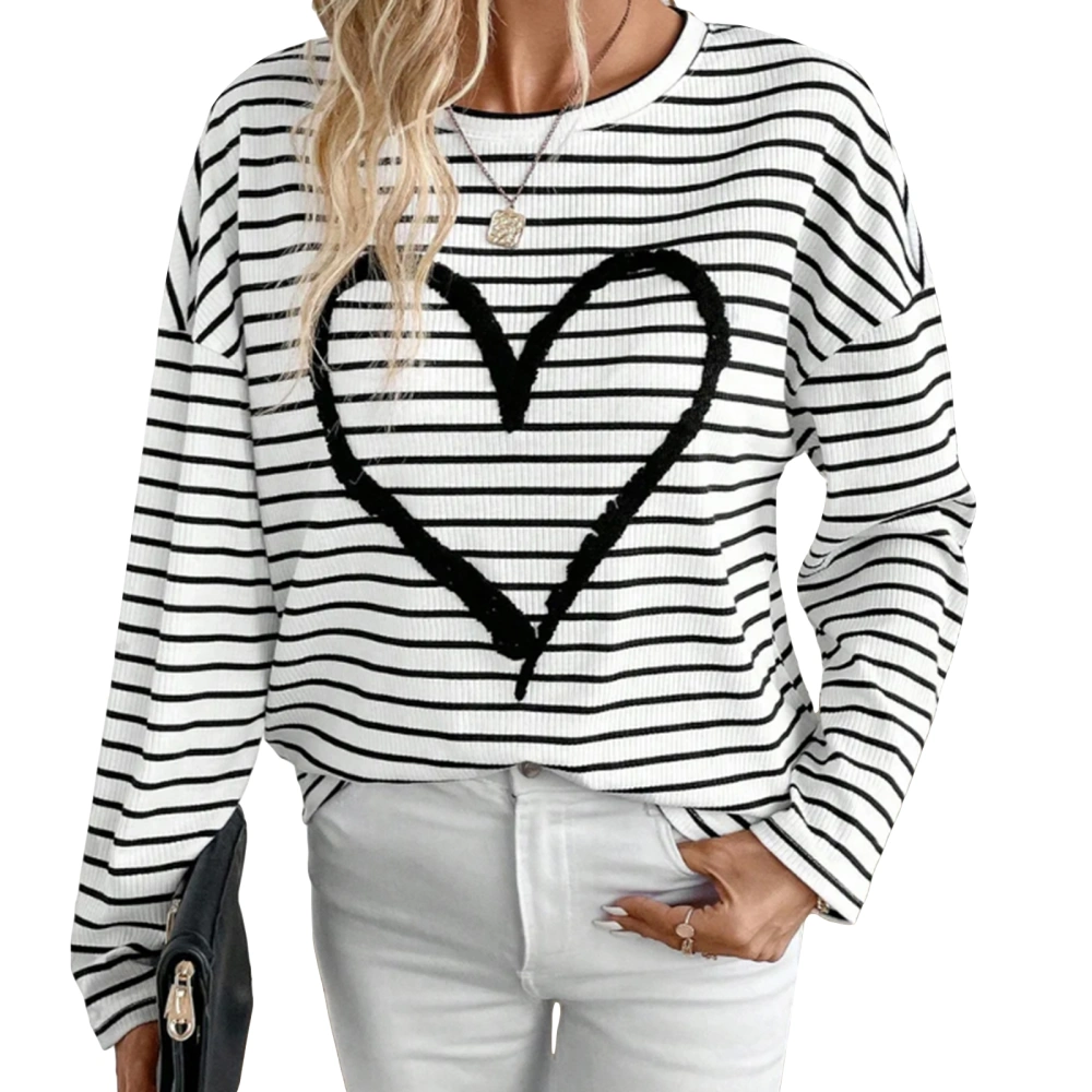 Women Long Sleeve T-Shirts Fashion Stripe Heart Embroidery Tops