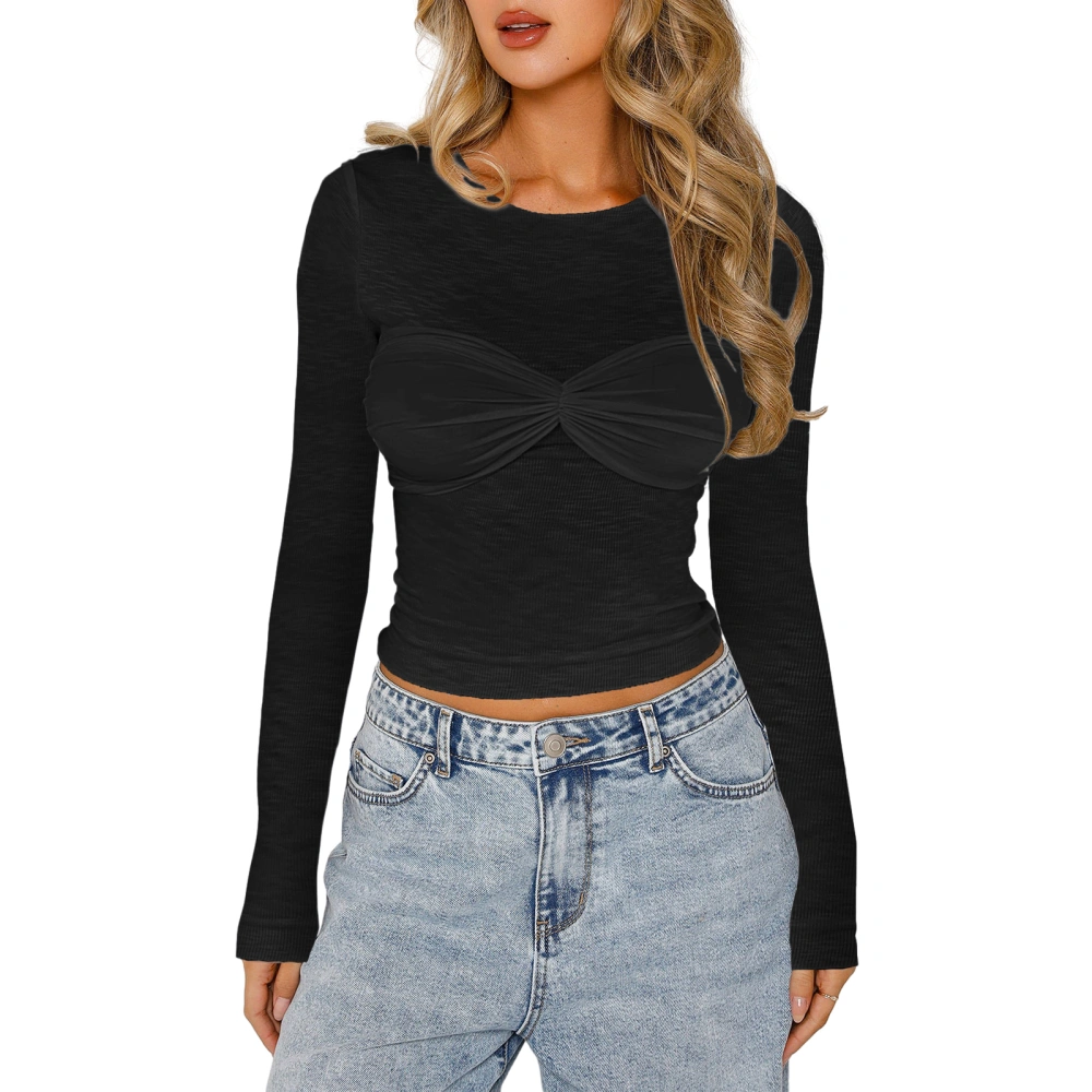 Women Crop Long Sleeve Tops Ruched Basic Shirt Casual Pullovers 